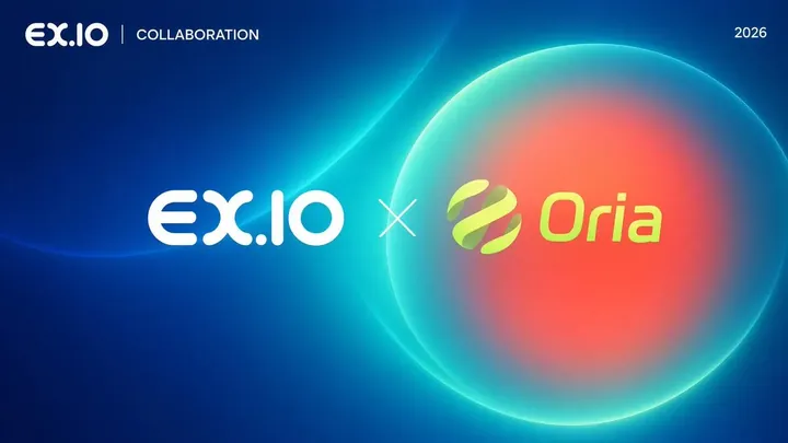 EX.IO and Oria partnership artwork on a blue gradient background